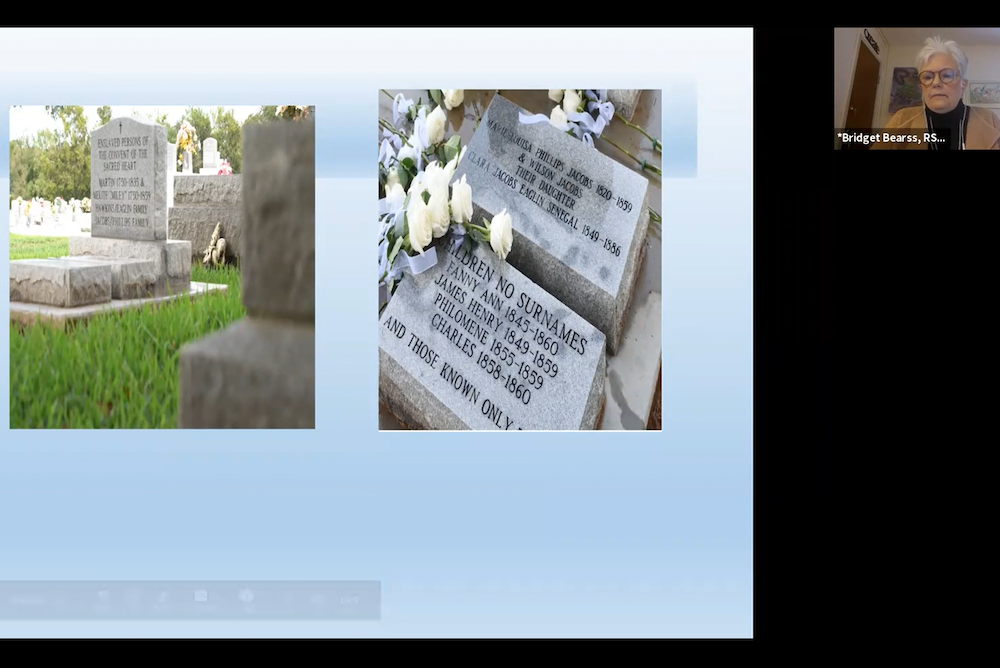 Sr. Bridget Bearss (upper right corner) shares an image of the grave sites of people her congregation, the Religious of the Sacred Heart, enslaved in the 1800s, during a panel discussion hosted by the Catholic Mobilizing Network. (NCR Screenshot)