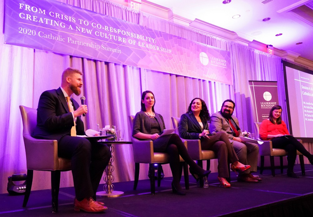 A panel discusses "A Culture with Young Adult Catholics at the Leadership Table" at Leadership Roundtable's Catholic Partnership Summit Feb. 28-29 in Washington, D.C. (Leadership Roundtable/Ralph Alswang)