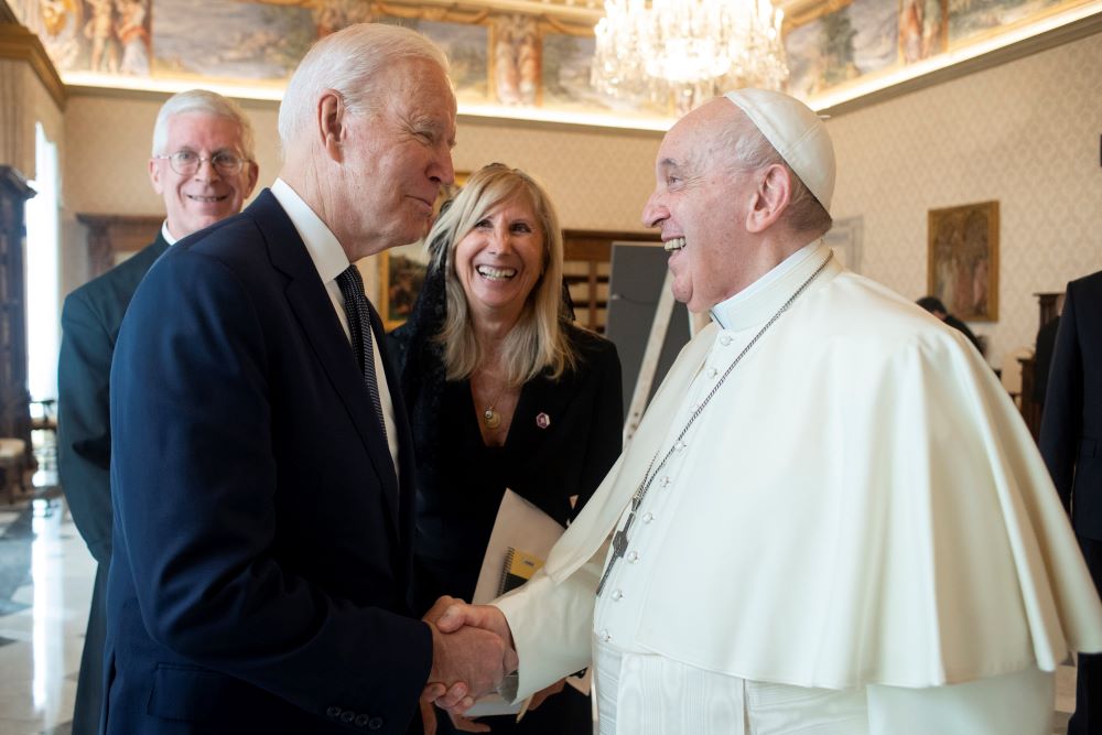 President Joe Biden greets Pope Francis at the Vatican Oct. 29. The two met privately for about 75 minutes. (CNS/Vatican Media)