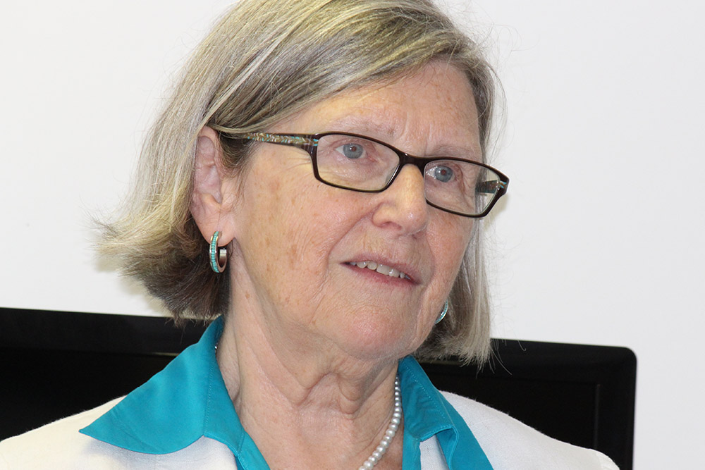 Social Service Sr. Simone Campbell visits the office of Global Sisters Report in Kansas City, Missouri, in July 2018. (NCR photo/Toni-Ann Ortiz)