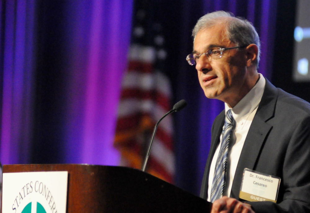 Francesco Cesareo, chairman of the National Review Board, speaks June 14, 2017, during the opening session of the U.S. Conference of Catholic Bishops' annual spring assembly in Indianapolis. (CNS/The Criterion/Sean Gallagher)