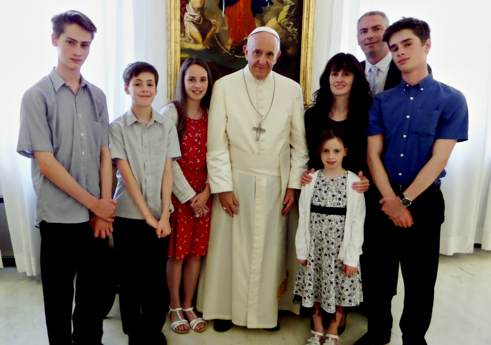 Pope Francis is pictured with author Stephen Walford and family at Casa Santa Maria at the Vatican in July 2017. (CNS/Courtesy of Stephen Walford)