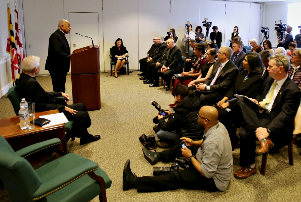 Archbishop Wilton Gregory speaks during a news conference in the pastoral center of the Washington Archdiocese April 4 after Pope Francis named him to head the archdiocese. (CNS/Bob Roller)