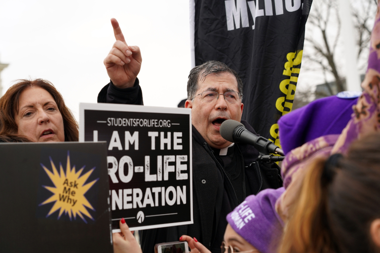 Fr. Frank Pavone, national director of Priests for Life, speaks in front of the U.S. Supreme Court during the 47th annual March for Life in Washington Jan. 24, 2020. (CNS/Long Island Catholic/Gregory A. Shemitz)