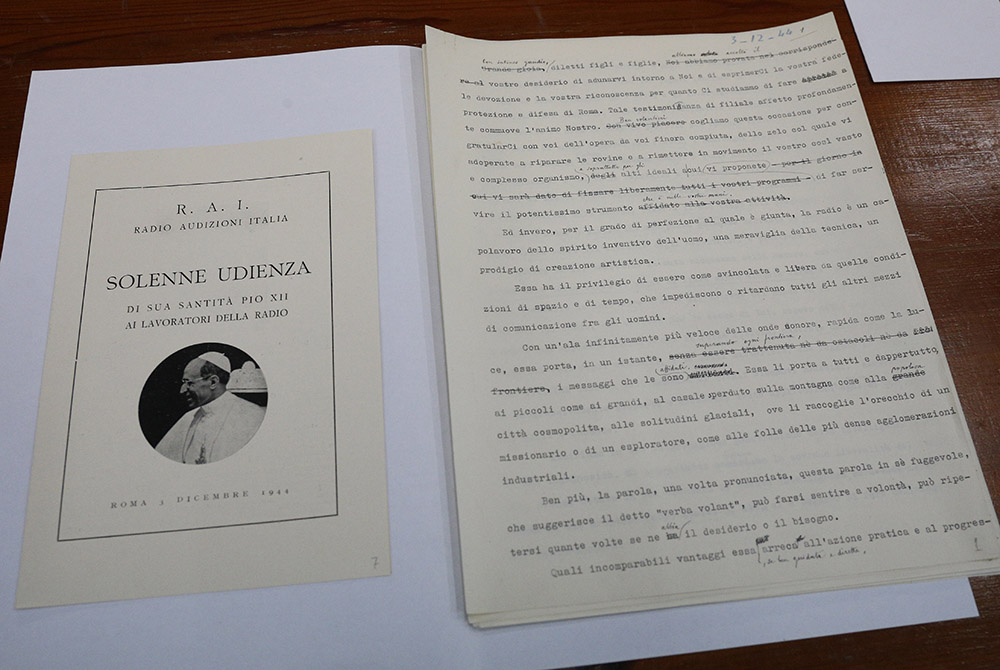 Handwritten corrections by Pope Pius XII are pictured on his text for a Dec. 3, 1944, audience with employees of Italian broadcaster RAI. The text was among materials from his pontificate on display for journalists in the Vatican Apostolic Archives at the