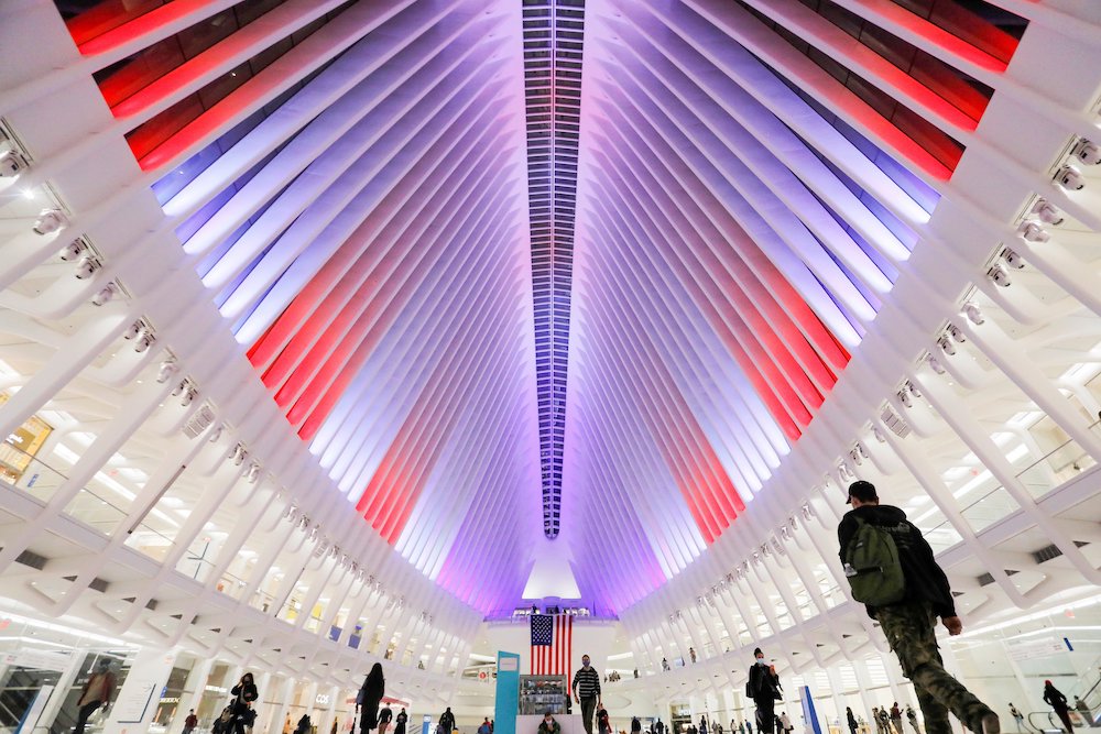 Lights are seen illuminated to honor veterans on Veterans Day at the Oculus Transportation Hub in New York City Nov. 11, 2020. (CNS/Reuters/Andrew Kelly)