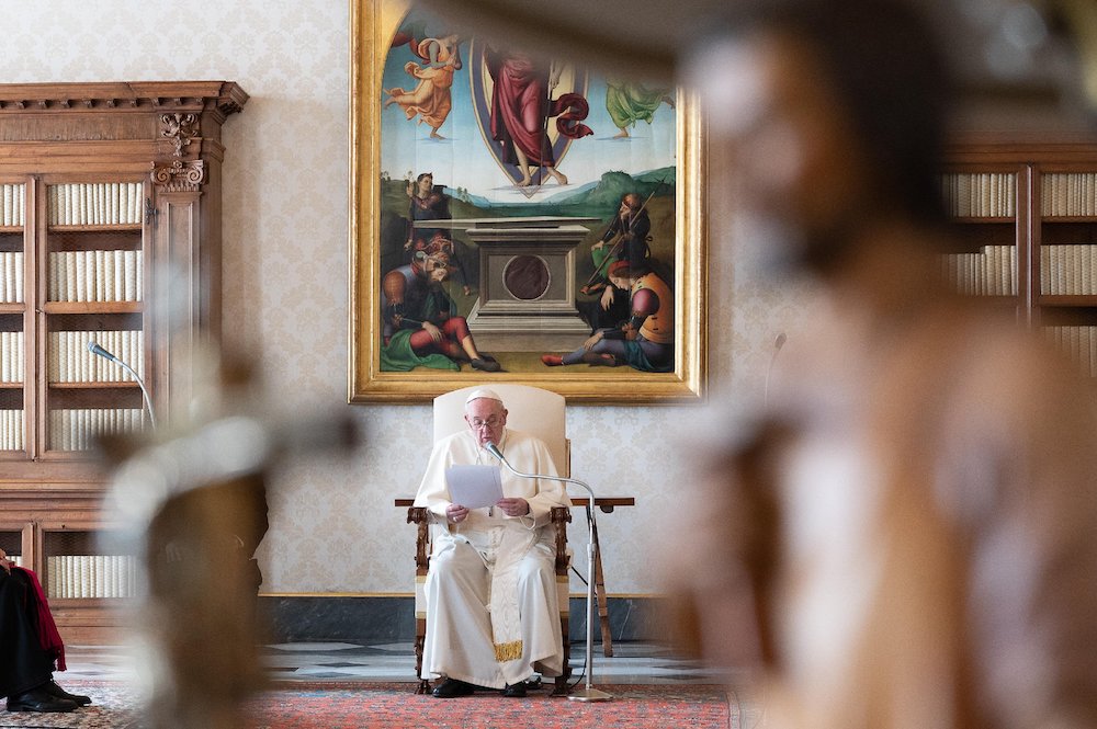 Pope Francis leads his general audience in the library of the Apostolic Palace at the Vatican Nov. 25. (CNS/Vatican Media)