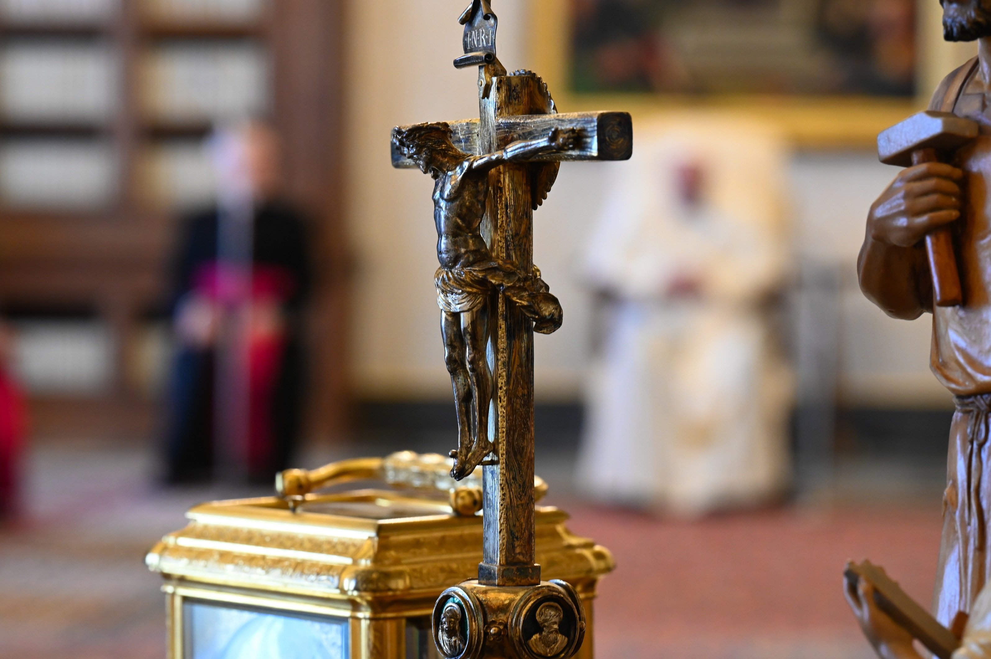 A crucifix is pictured as Pope Francis leads his general audience in the library of the Apostolic Palace at the Vatican April 14. Italy's highest court of appeal has ruled that public school classrooms can approve the presence of the crucifix.