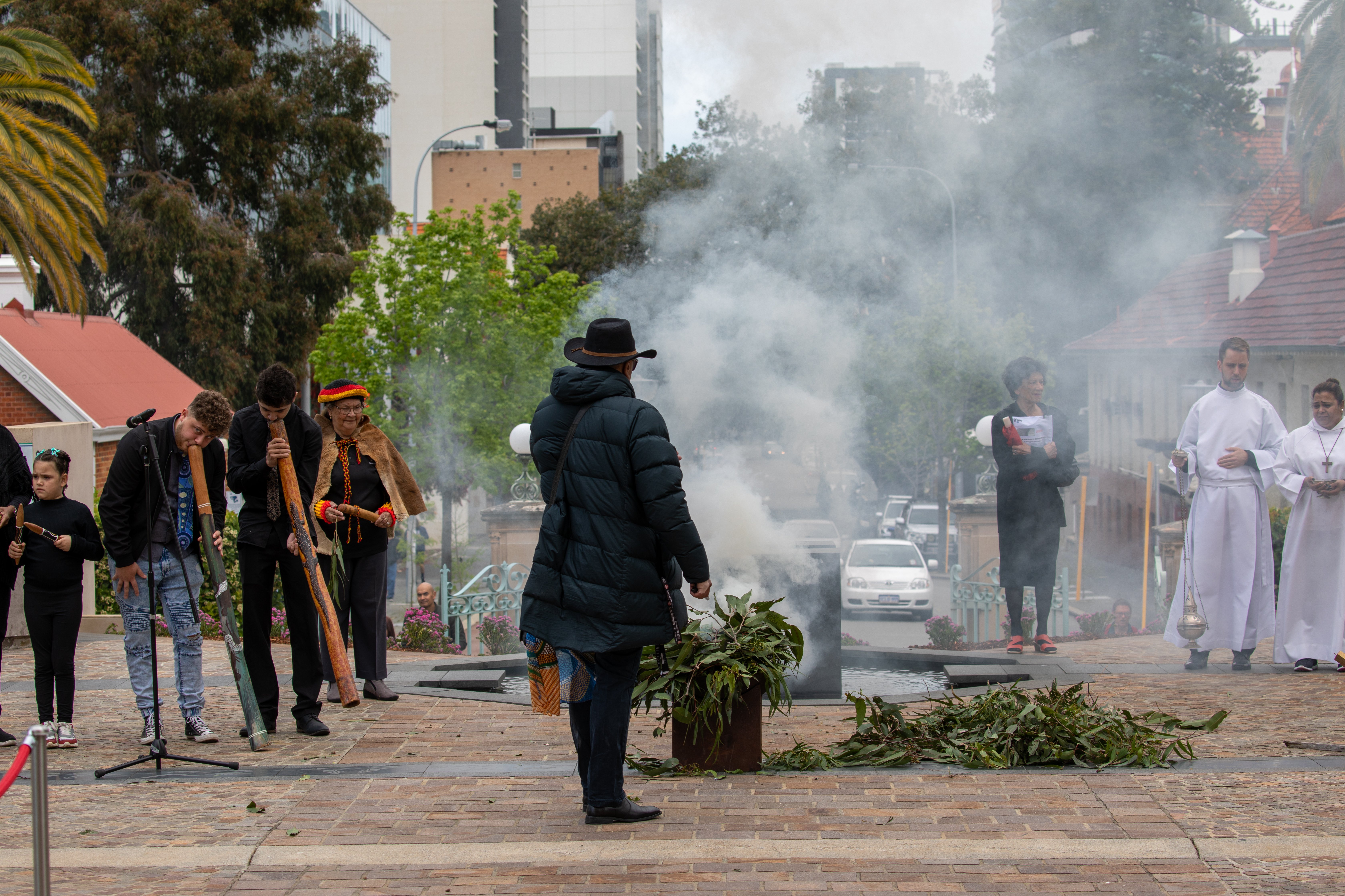 The Welcome to Country Smoking Ceremony is pictured during the opening Mass of the First Plenary Council at St. Mary's Cathedral in Perth, Australia, Oct. 3, 2021. (CNS photo/Ron Tan, courtesy Archdiocese of Perth)