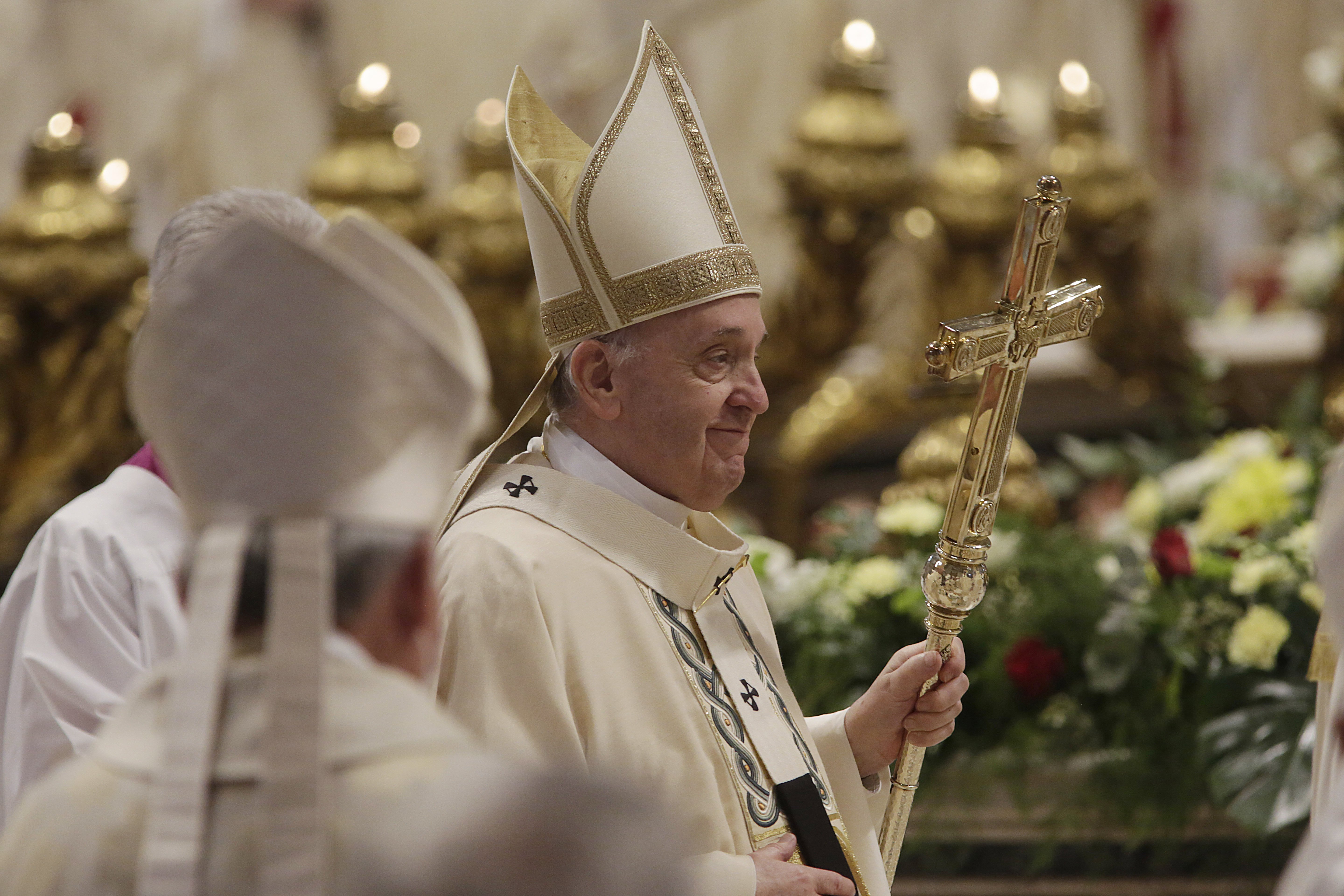 Pope Francis walks in procession during the ordination Mass for two new bishops in St. Peter's Basilica at the Vatican Oct. 17, 2021. (CNS photo/Romano Siciliani, pool)