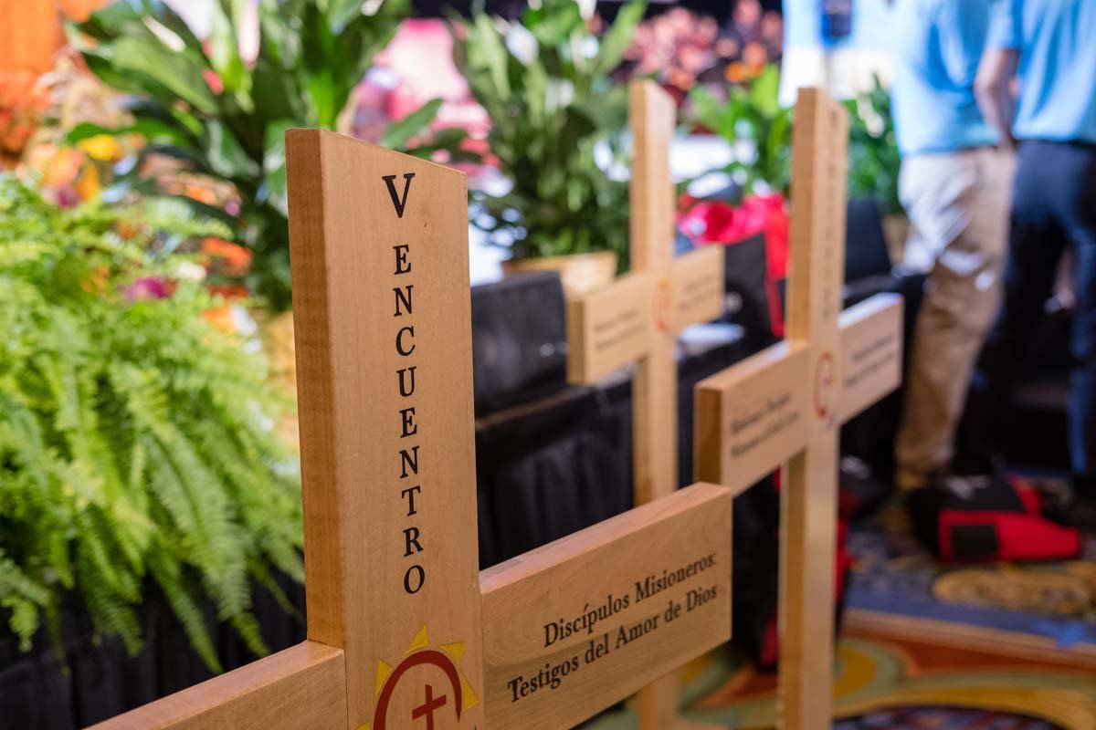 Crosses representing different regions of the United States are seen during a Sept. 21, 2018, session of V Encuentro, or the Fifth National Encuentro, in Grapevine, Texas. (CNS photo/James Ramos, Texas Catholic Herald)