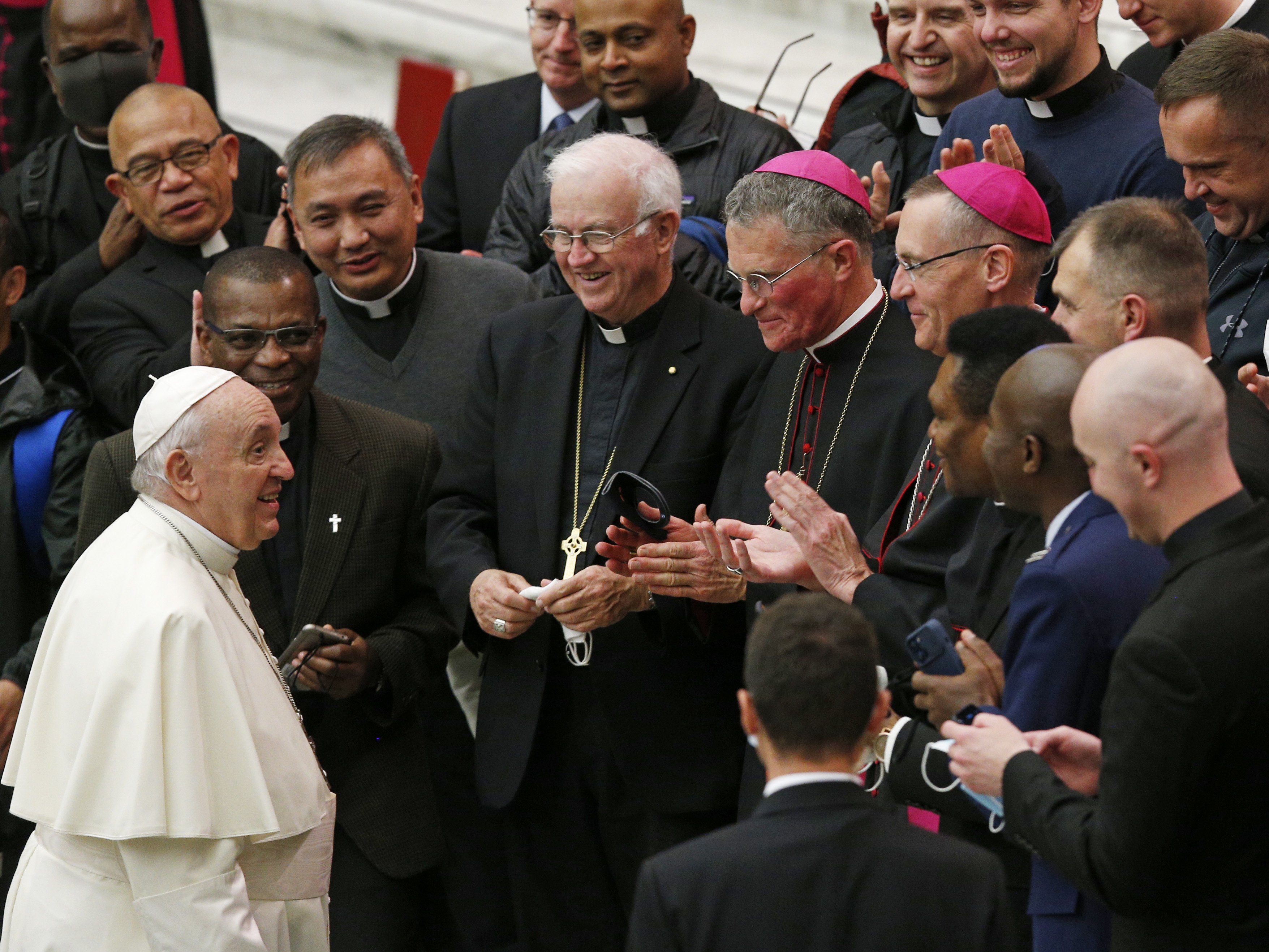 Pope Francis is pictured with U.S. military chaplains during his general audience in the Paul VI hall at the Vatican Nov. 3, 2021. (CNS photo/Paul Haring)