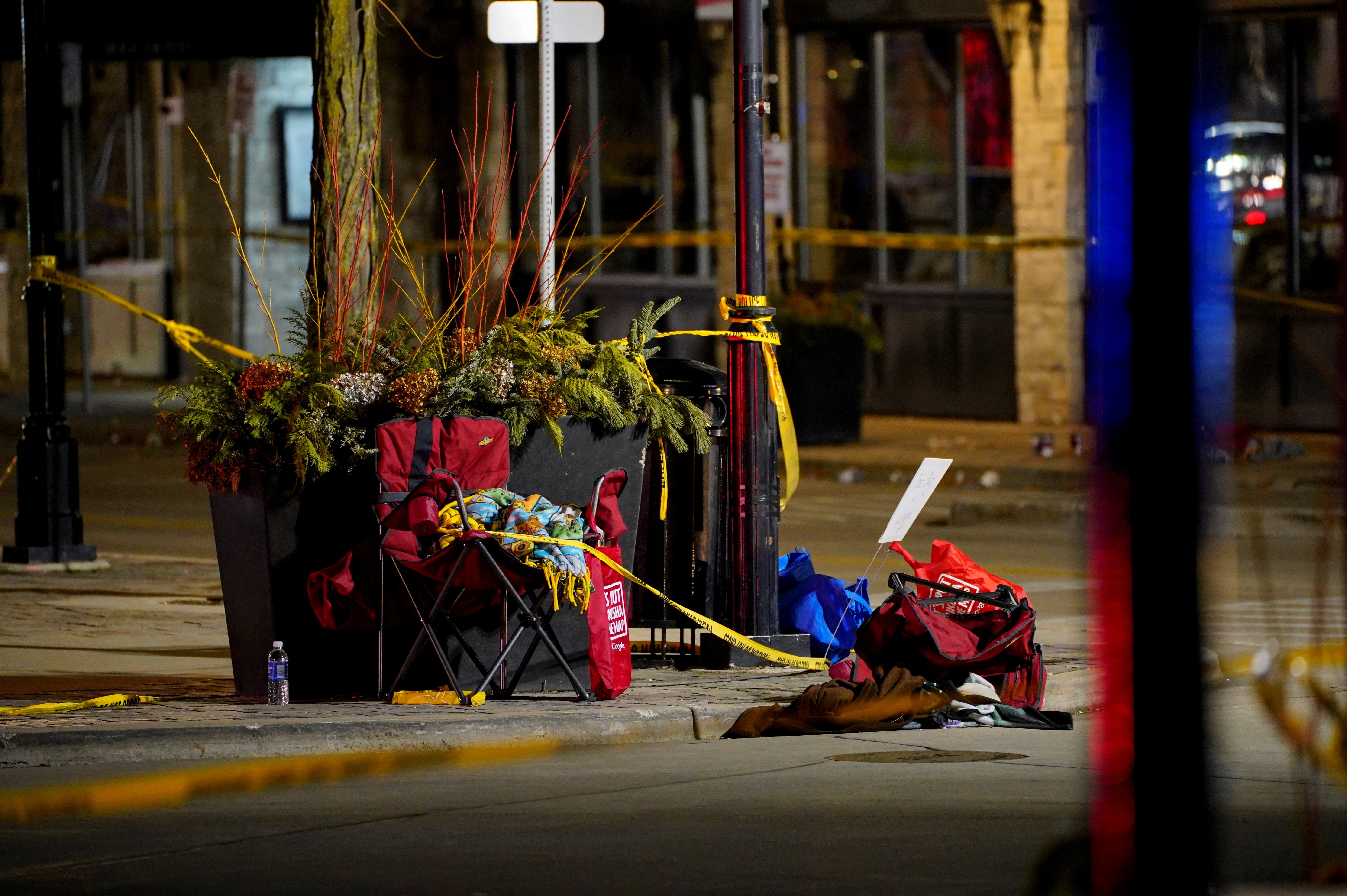 Chairs left abandoned are seen Nov. 22, 2021, after a car plowed through the Waukesha Christmas Parade in Waukesha, Wis., at about 4:39 p.m. local time Nov. 21. (CNS photo/Cheney Orr, Reuters)