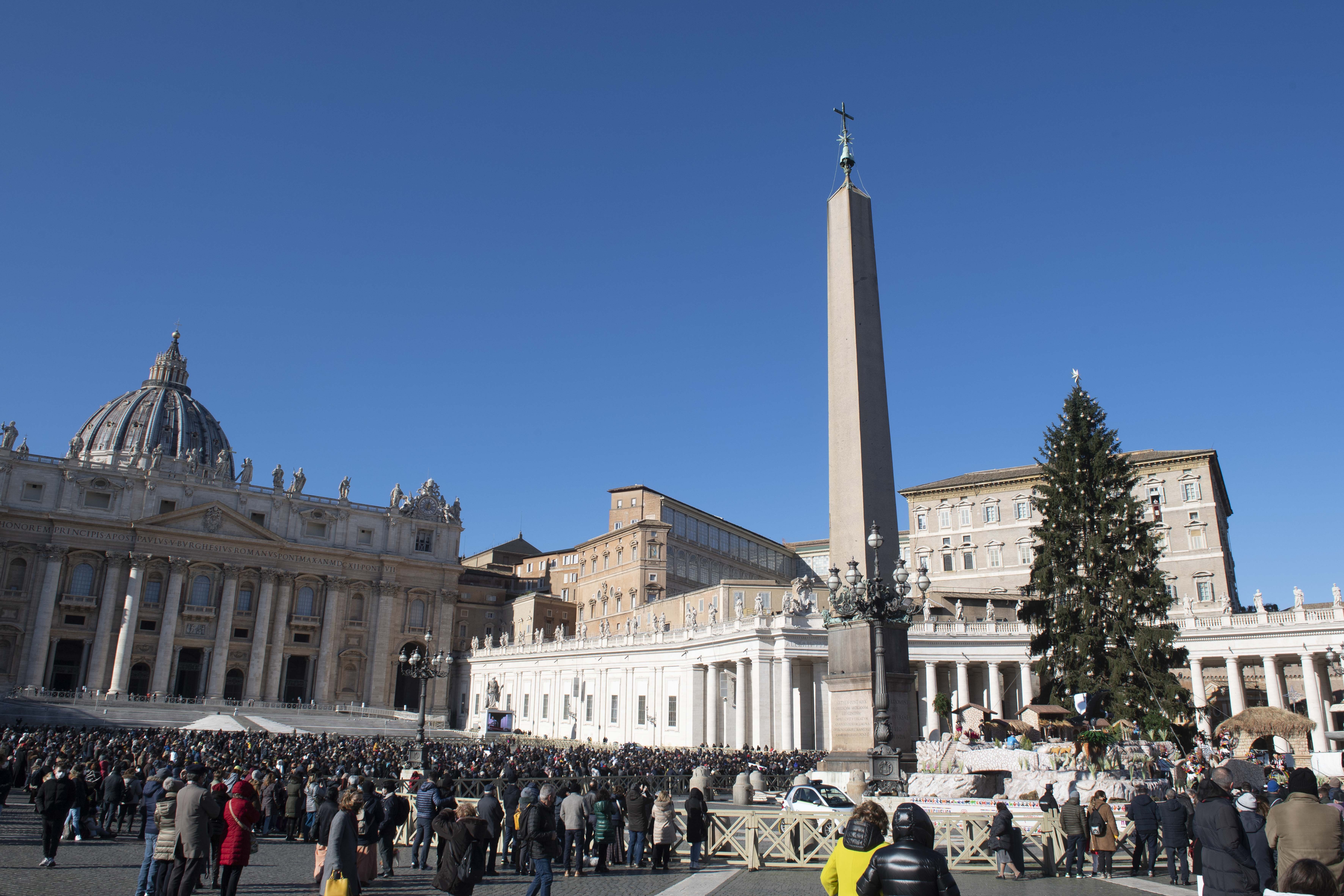 Pope Francis leads the Angelus from the window of his studio overlooking St. Peter's Square at the Vatican Dec. 12, 2021. (CNS photo/Vatican Media)