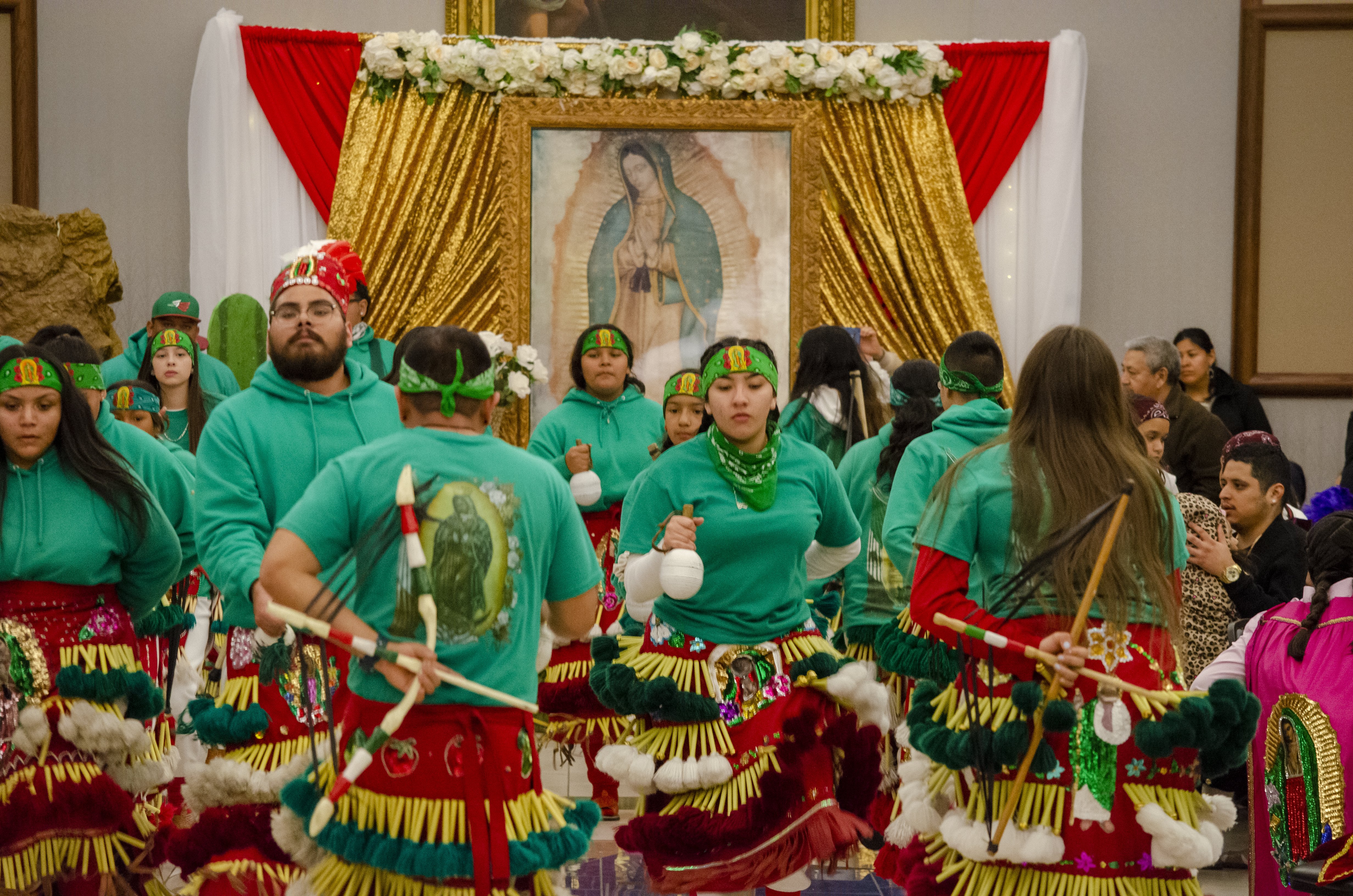 A group of matachines dances Dec. 12, 2021, in the parish hall of the Cathedral of the Immaculate Conception in Wichita, Kan. (CNS photo/Christopher M. Riggs, Catholic Advance)