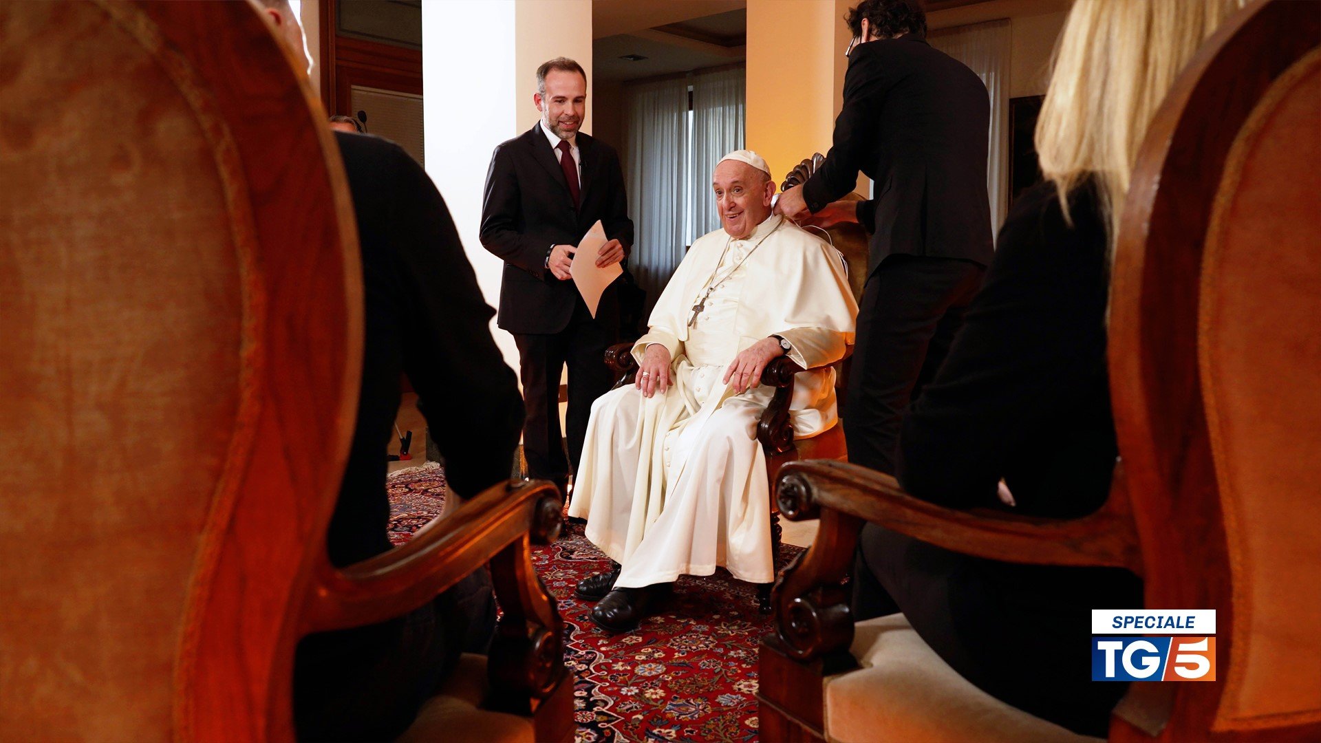 Pope Francis is interviewed at his Vatican residence by adults facing challenging experiences in their lives for a program broadcast on Italian television Channel 5, Mediaset, Dec. 19, 2021. (CNS photo/courtesy Mediaset)