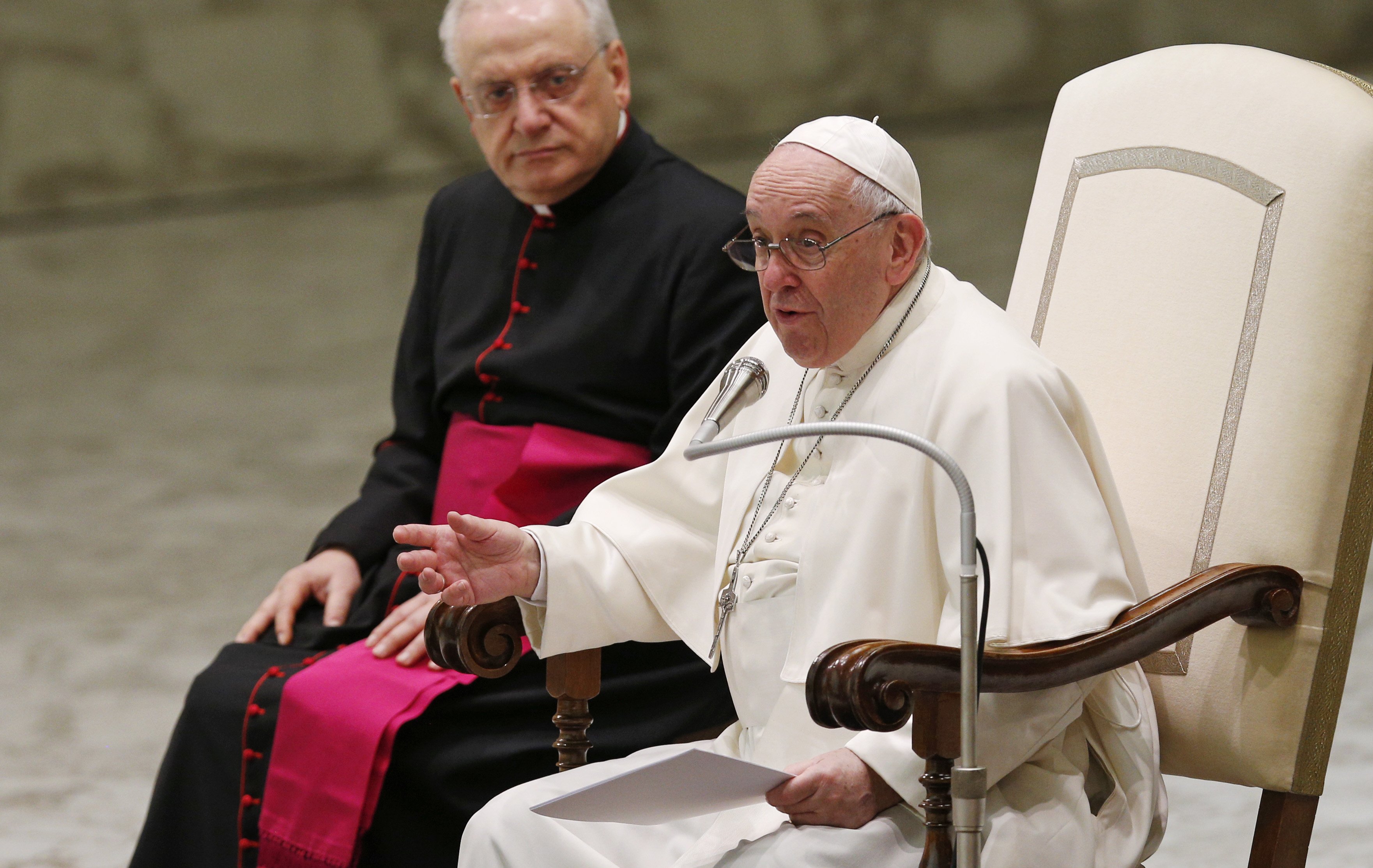 Pope Francis speaks during his general audience in the Paul VI hall at the Vatican Dec. 22, 2021. (CNS photo/Paul Haring)