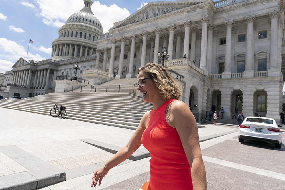 In June 2021, Arizona Sen. Kyrsten Sinema returns to the Capitol after a meeting with President Joe Biden at the White House in Washington. (AP/Alex Brandon, File)