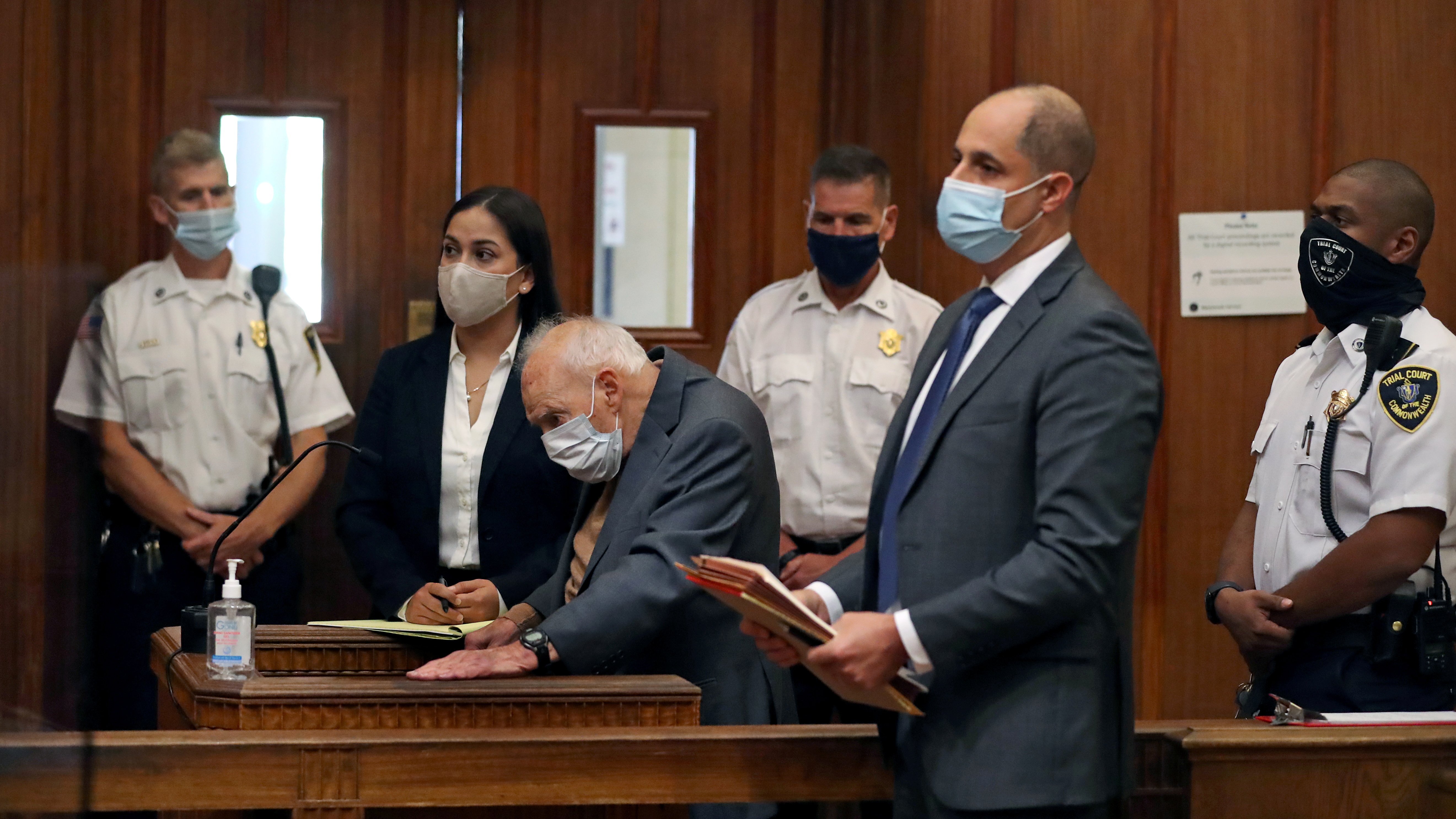 Former Cardinal Theodore E. McCarrick wears a mask during arraignment at Dedham District Court in Dedham, Mass., Sept. 3, 2021. (CNS photo/David L Ryan, Pool via Reuters)