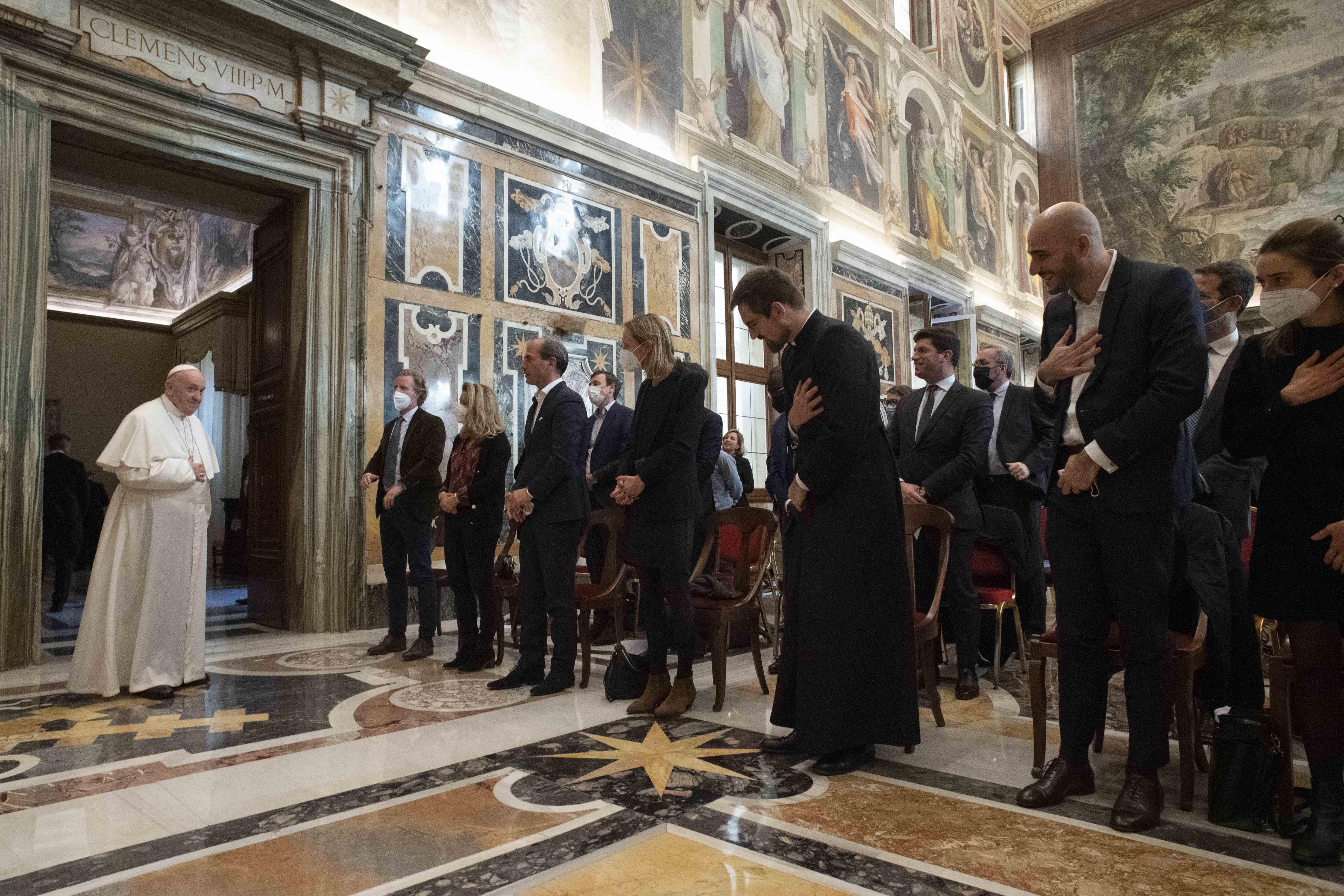 Pope Francis leads a meeting with a group of 90 business leaders from France at the Vatican Jan. 7, 2022. (CNS photo/Vatican Media)