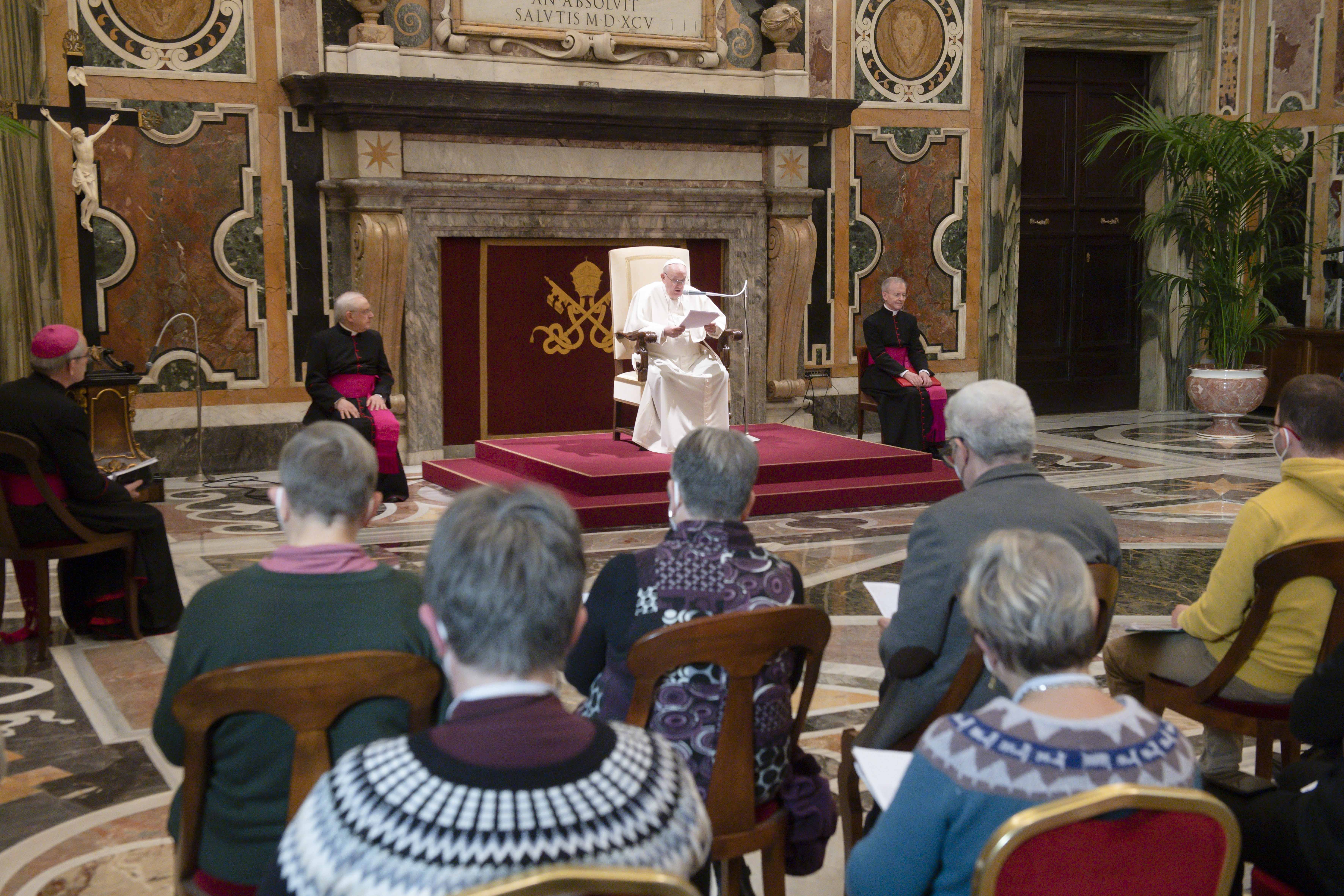 Pope Francis addresses leaders of the French Catholic Action movement during an audience at the Vatican Jan. 13, 2022.  (CNS photo/Vatican Media)