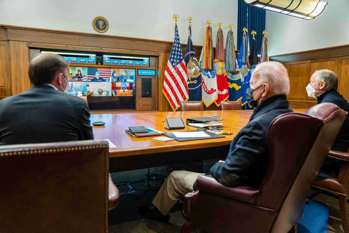 U.S. President Joe Biden holds a meeting with his national security team on the Russia-Ukraine crisis, at Camp David, Md., Jan. 22, 2022. (CNS photo/The White House/handout via Reuters) 