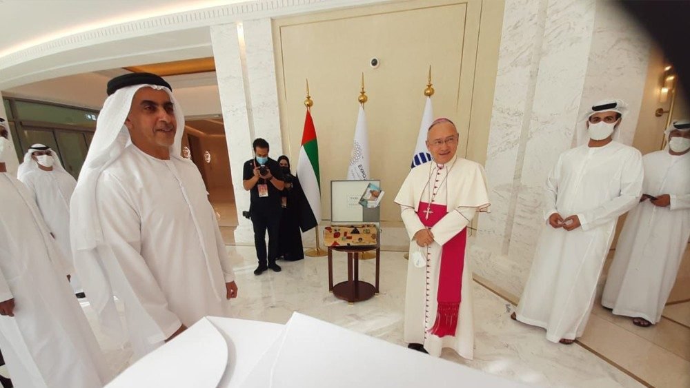 Archbishop Edgar Peña Parra, substitute secretary for general affairs in the Vatican Secretariat of State, participates in the inauguration of the new apostolic nunciature in Abu Dhabi, United Arab Emirates, Feb. 4, 2022. (CNS photo/Vatican Media)