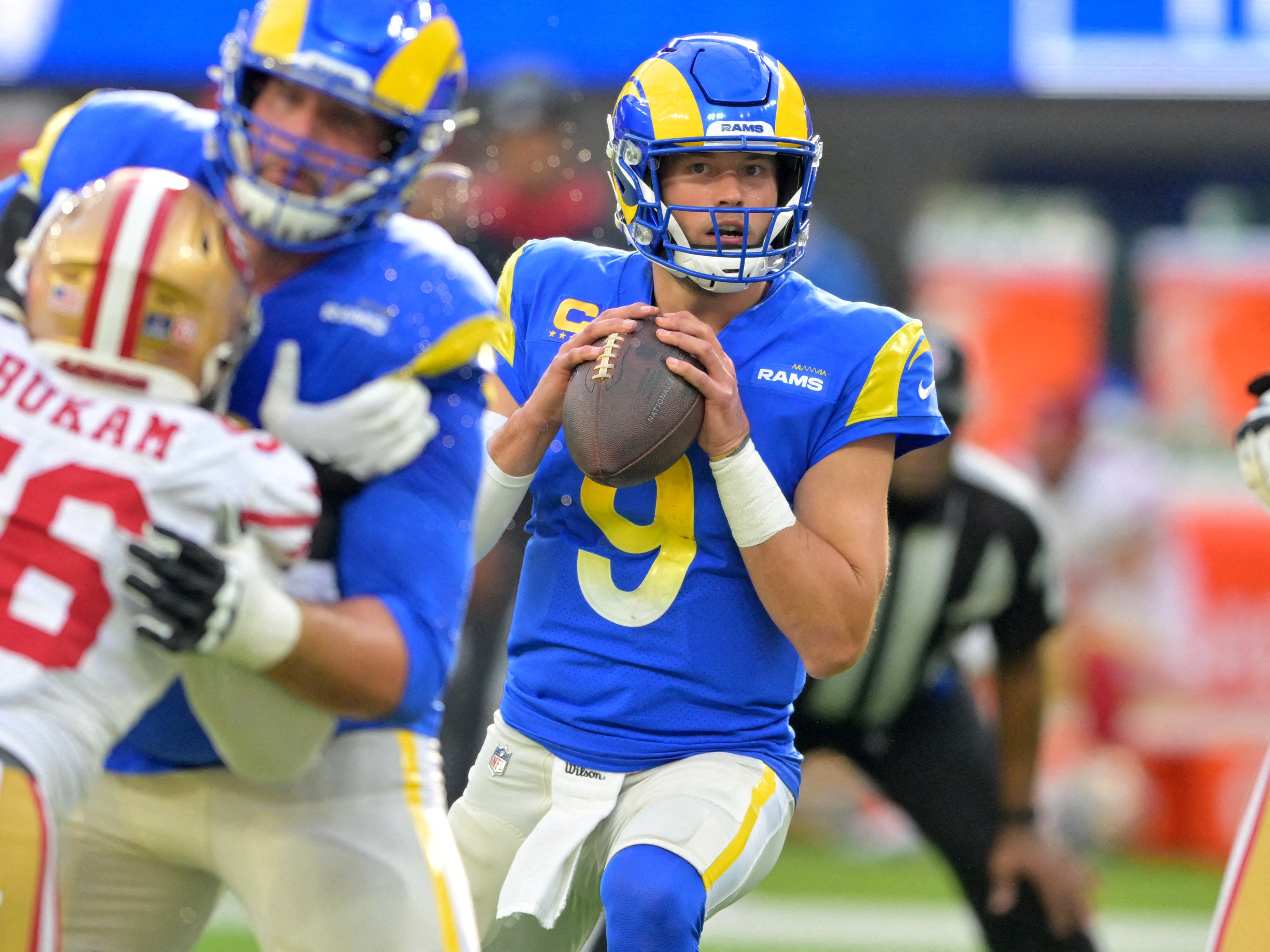 Los Angeles Rams quarterback Matthew Stafford sets to pass the ball in the first half of the game against the San Francisco 49ers at SoFi Stadium in Inglewood, Calif., Jan. 9, 2022. (CNS photo/Jayne Kamin-Oncea, USA TODAY Sports via Reuters)