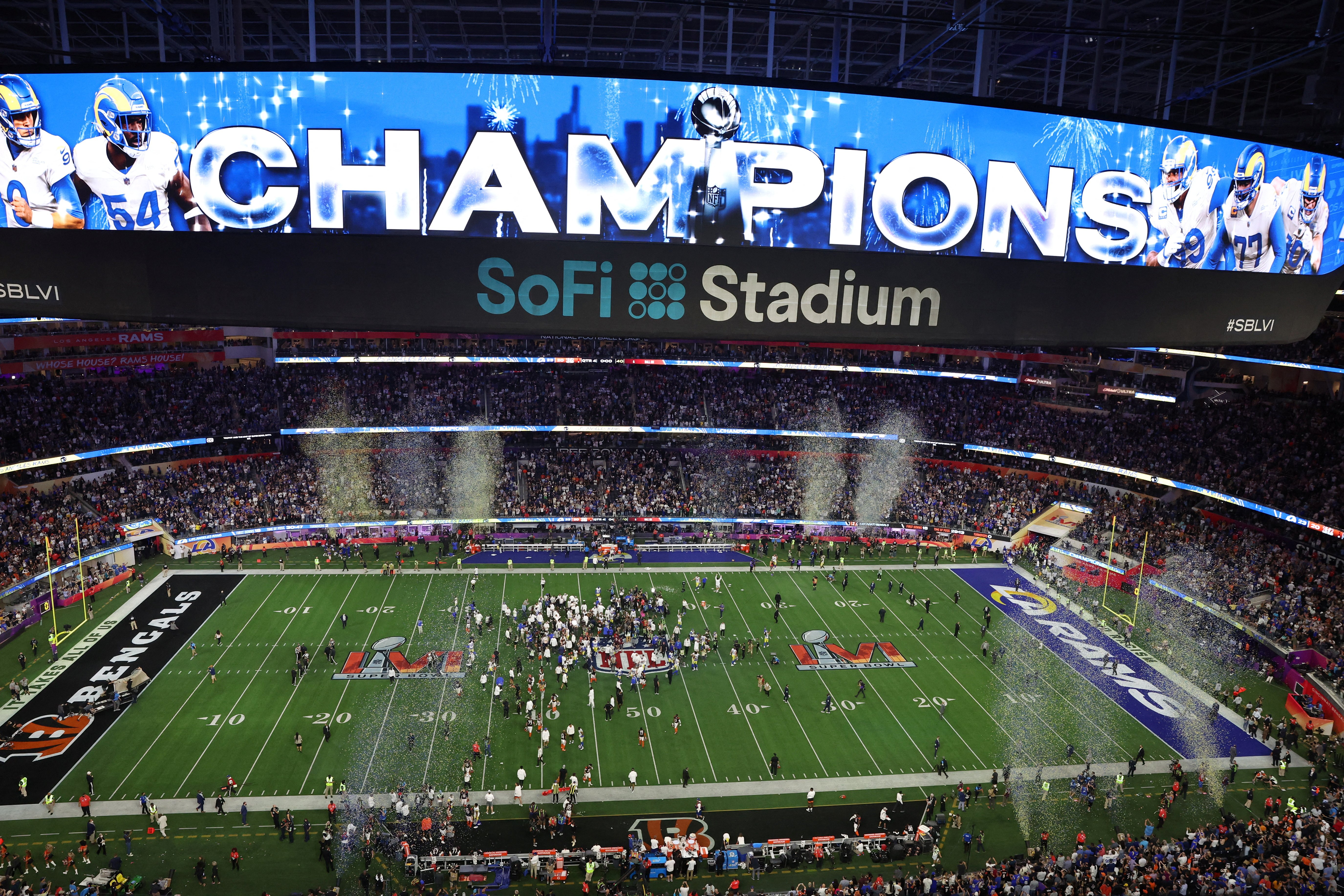 The Los Angeles Rams celebrate after beating the Cincinnati Bengals to win Super Bowl LVI at SoFi Stadium in Inglewood, Calif., Feb. 13, 2022. (CNS photo/Mario Anzuoni, Reuters)