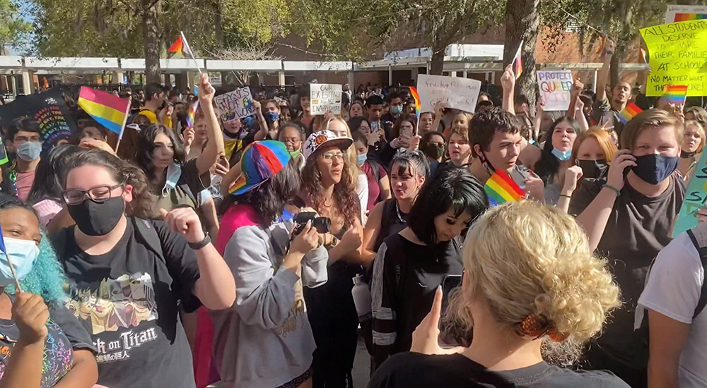 Students in Winter Park, Florida, gather to protest a Republican-backed bill March 7, that would limit classroom discussion of sexual orientation and gender identity. (CNS/Reuters/Twitter, @ProudTwinkie @mddizornek)