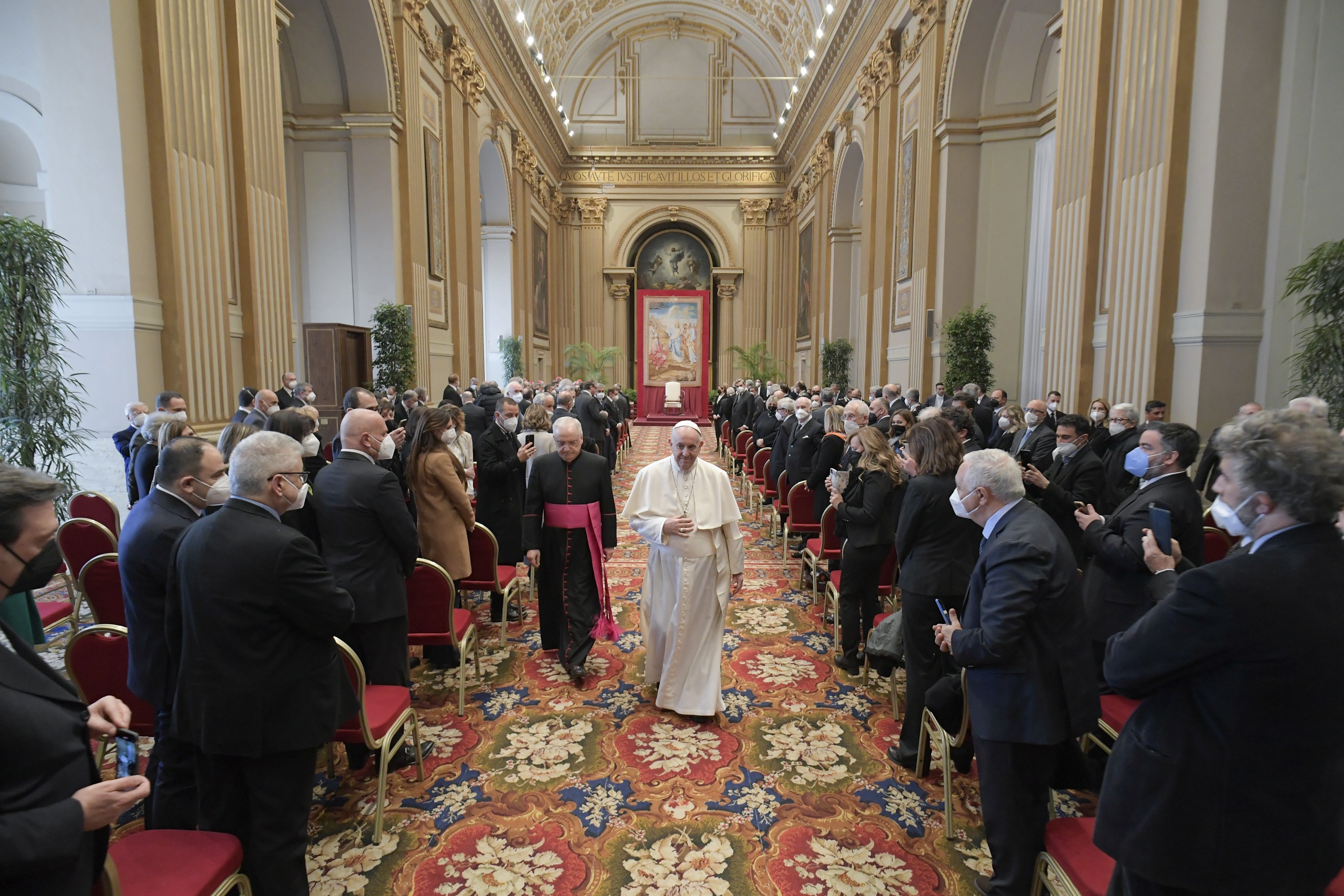 Pope Francis leaves after leading a meeting with judges, prosecutors, investigators and other members of the Vatican's state tribunal to formally open the court's judicial year at the Vatican March 12, 2022. (CNS photo/Vatican Media)