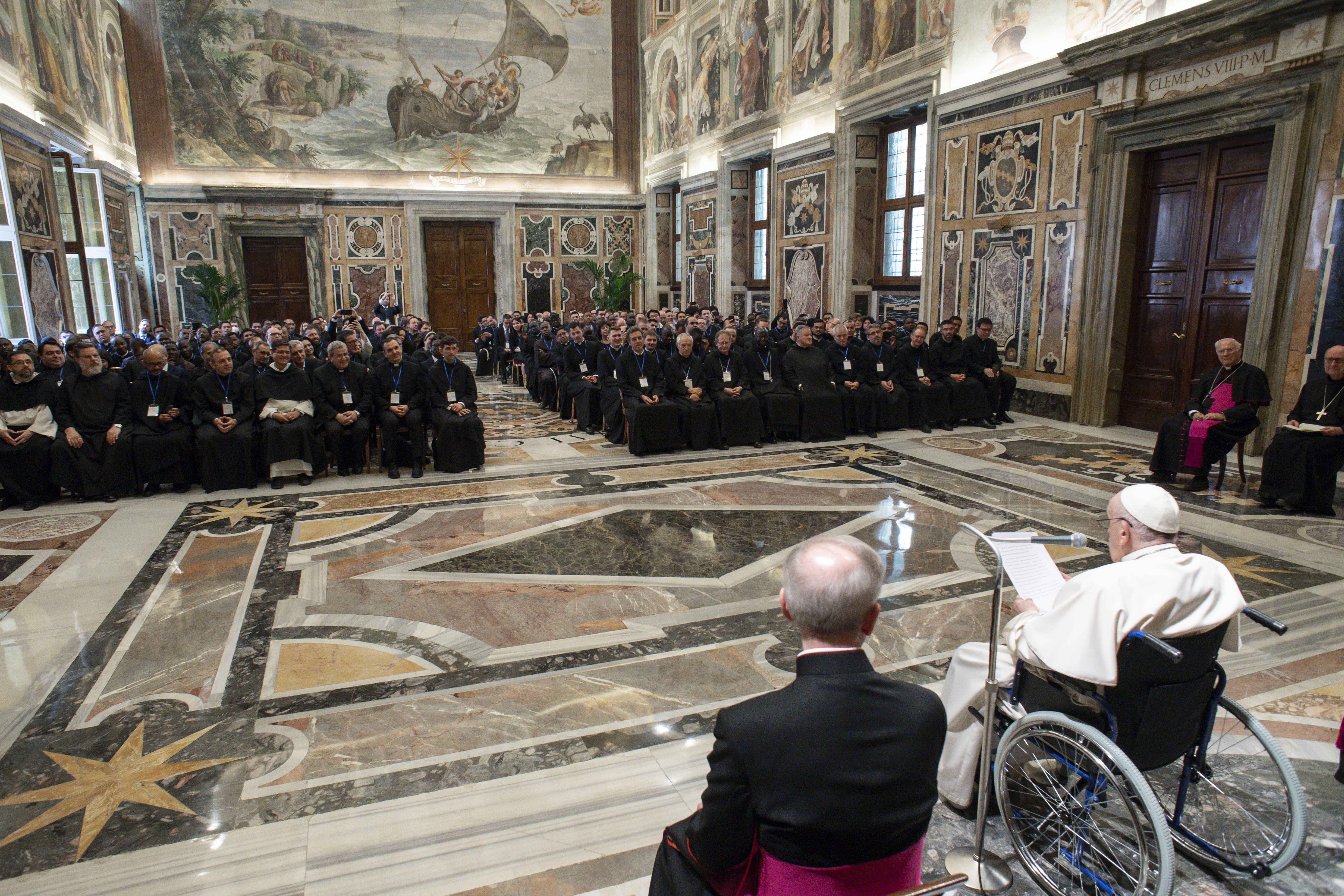 Pope Francis leads an audience with students and professors of Rome's Pontifical Institute of Liturgy at St. Anselm, at the Vatican May 7, 2022. (CNS photo/Vatican Media)