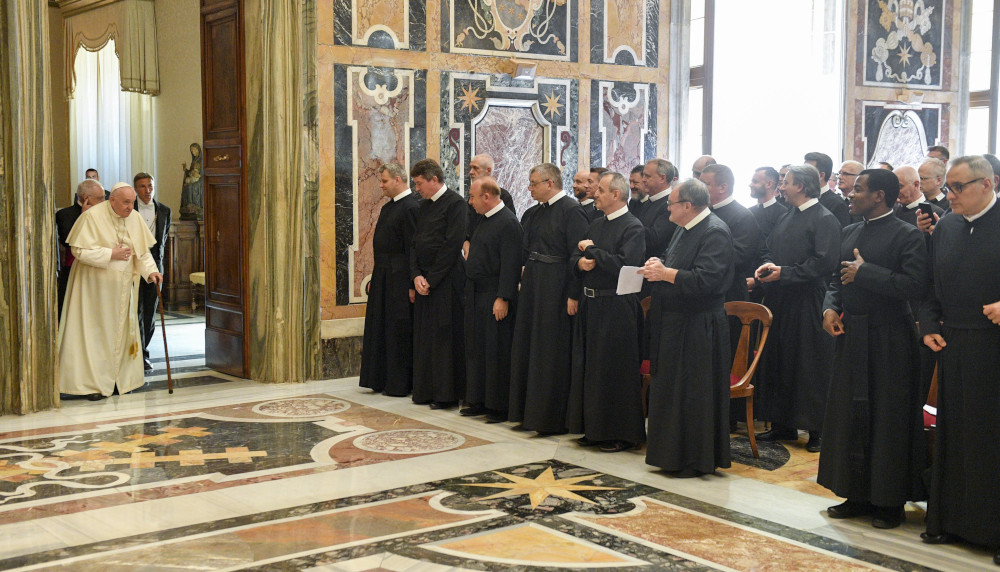 Pope Francis meets with participants attending the general chapters of the Order of the Mother of God, the Basilians of St. Josaphat and the Congregation of the Mission at the Vatican July 14, 2022. (CNS photo/Vatican Media)