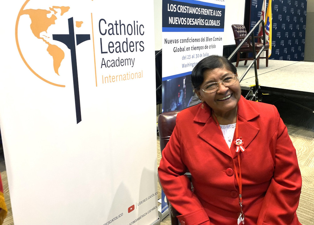 Magdalena Santa María, a sociologist from Peru, poses for a photo July 28, 2022, during a break at the Catholic Leaders Academy at The Catholic University of America in Washington.