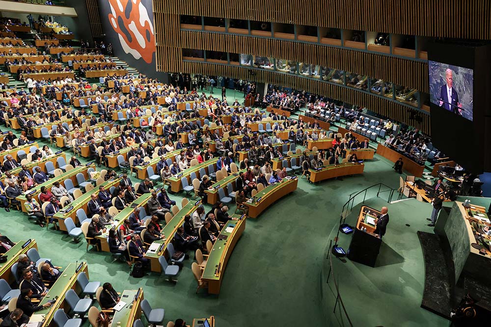 President Joe Biden addresses the 77th session of the U.N. General Assembly at the headquarters of the United Nations in New York City Sept. 21. (CNS/Reuters/Caitlin Ochs)