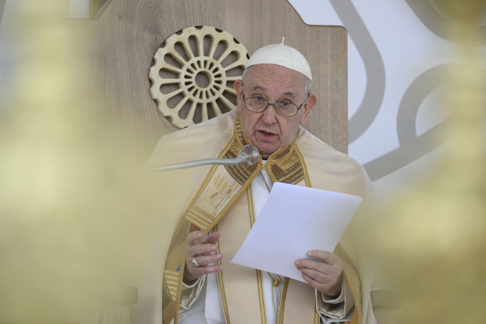 Pope Francis speaks as he celebrates the closing Mass of Italy's National Eucharistic Congress at the municipal stadium in Matera, Italy, Sept. 25, 2022