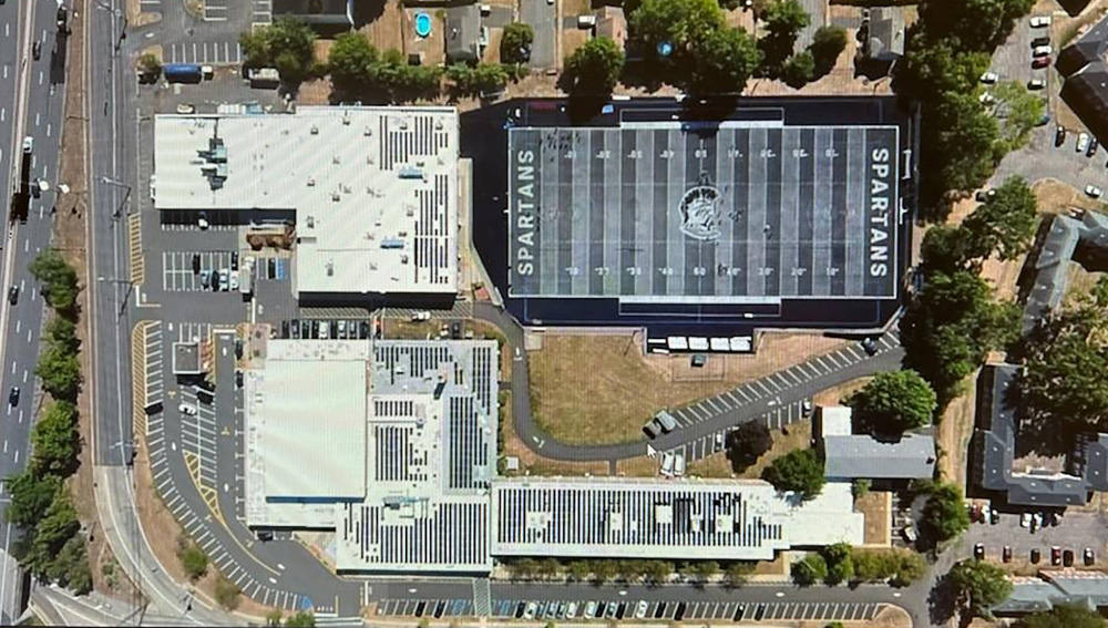 An aerial view of Immaculata High School campus in Sommerville, N.J., showing the solar panels on the school is seen in this 2022 photo. (CNS photo/courtesy Immaculata High School)