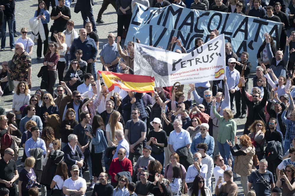 A crowd of people carries a Spanish flag, a sign that says Tu Es Petrus, and other signs