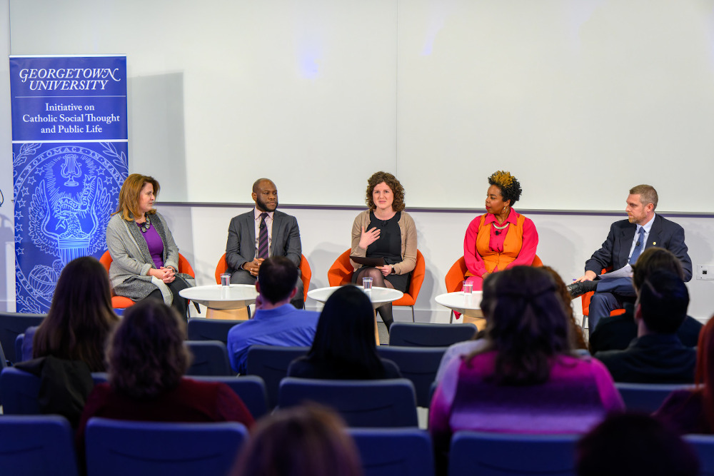 From left: Dawn Carpenter, founding director of the Solidarity Economy Workshop; Willie Lyles III, legislative director for Rep. James Clyburn, D-South Carolina; moderator Anna Gordon, program director of Georgetown University's Initiative on Catholic Social Thought; Candace Cunningham, workforce development coordinator with Restaurant Opportunities Centers United DC; and Robert Christian III, editor of Millennial gather for Georgetown's panel "Young Catholics, Work and Labor in the New Economy" held March 