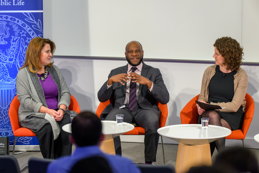 Willie Lyles III, legislative director for Rep. James Clyburn, D-South Carolina, speaks at Georgetown University's panel "Young Catholics, Work and Labor in the New Economy" held March 28. On the left is Dawn Carpenter, founding director of the Solidarity Economy Workshop; and the right is moderator Anna Gordon, program director of Georgetown University's Initiative on Catholic Social Thought. (Photo courtesy of Georgetown University/Rafael Suanes)