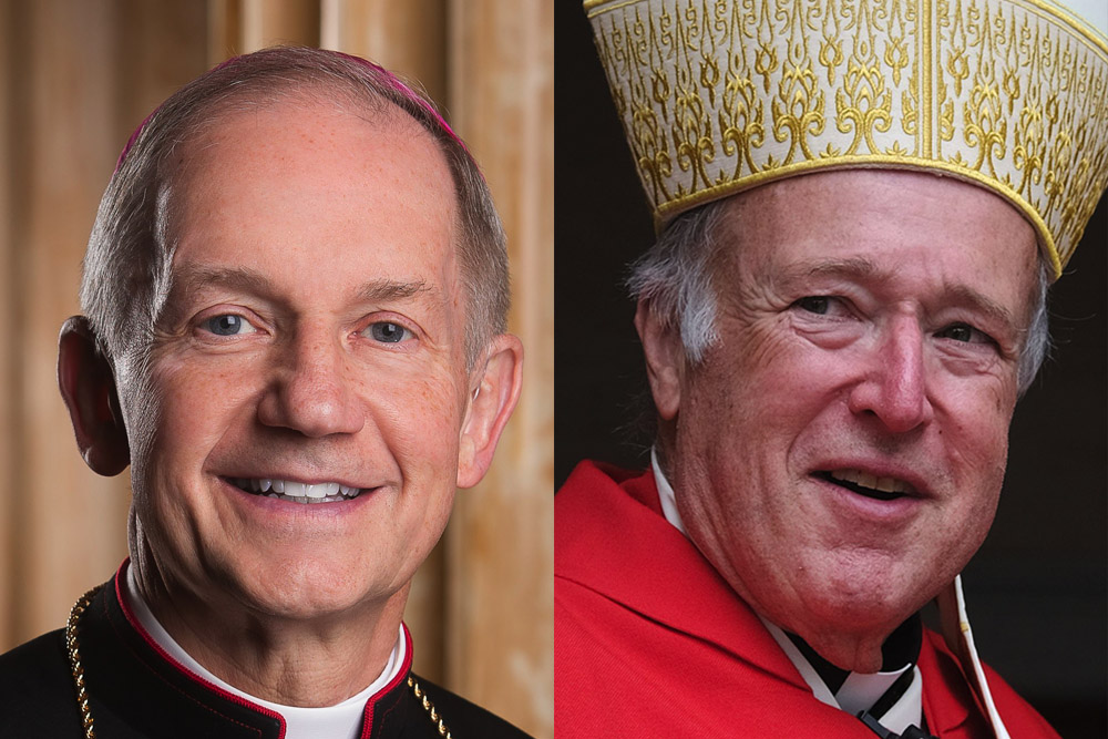 Left: Bishop Thomas Paprocki of Springfield, Illinois (CNS/Courtesy of Springfield Diocese); right: Cardinal Robert W. McElroy of San Diego (CNS/David Maung)