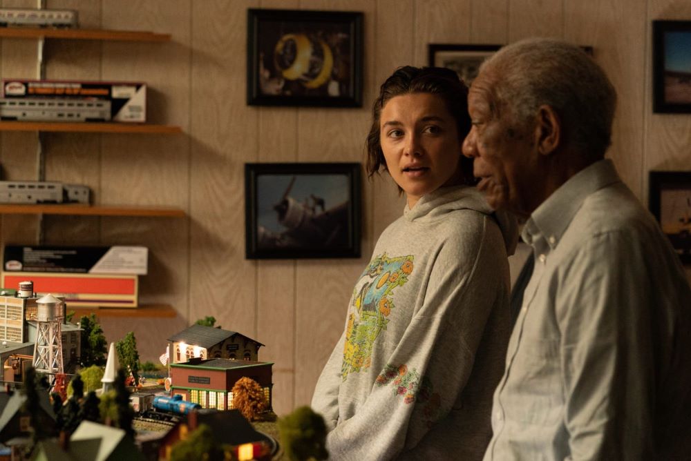 Allison (Florence Pugh) and Daniel (Morgan Freeman) build an unlikely friendship in MGM's "A Good Person." (MGM/Jeong Park)