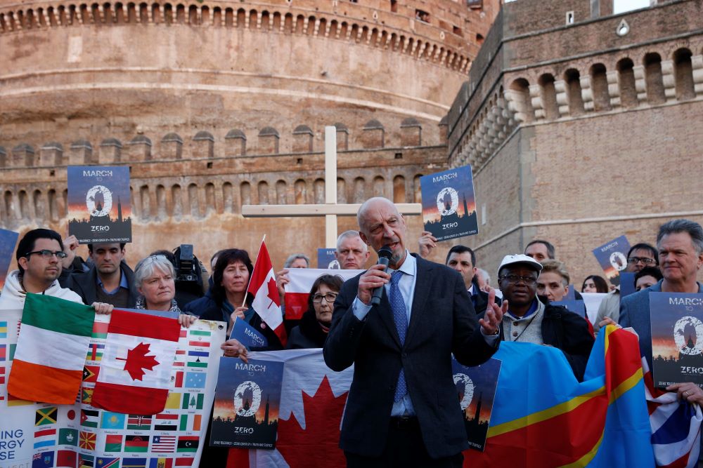 Peter Isely, a survivor of sexual abuse by a priest, gestures during a rally of clerical abuse survivors outside Castel Sant'Angelo in Rome Feb. 21, 2019. (CNS/Paul Haring)