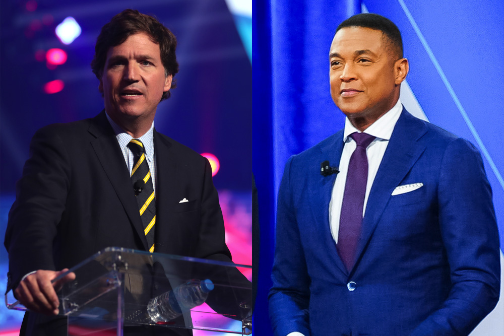 Left: Tucker Carlson speaks with attendees at the AmericaFest in Phoenix on Dec. 18, 2021 (Wikimedia Commons/Gage Skidmore). Right: Don Lemon moderates a CNN Presidential Town Hall on July 21, 2021, at Mount St. Joseph University in Cincinnati. (Wikimedia Commons/Official White House Photo/Adam Schultz)