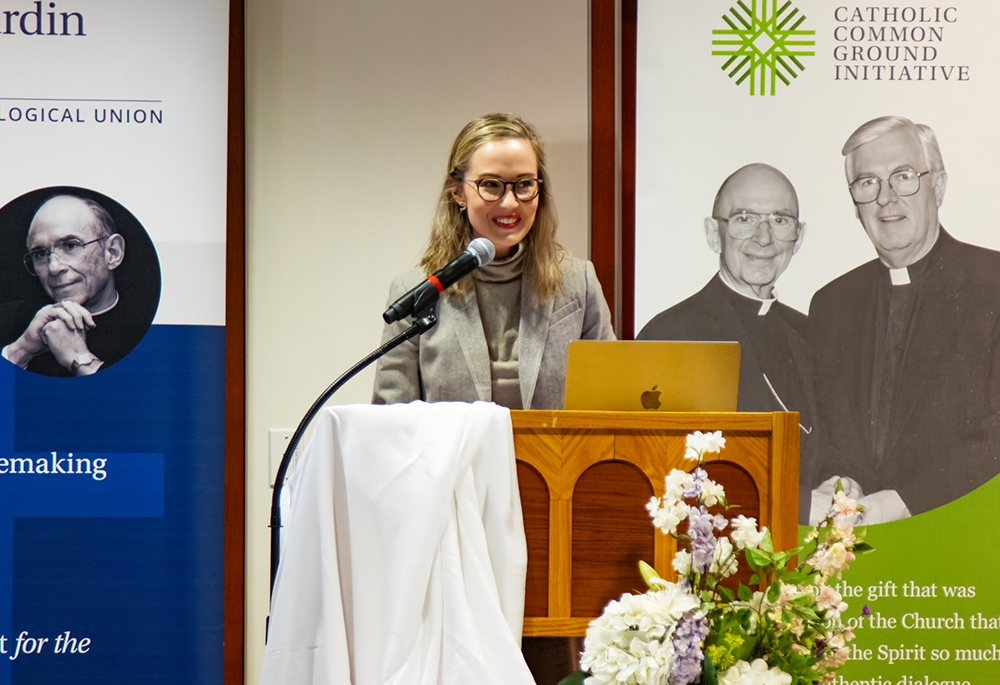 Ellen Koneck, executive director of Commonweal magazine, speaks April 14 about young people in the church at a lecture sponsored by the Catholic Common Ground Initiative and the Bernardin Center at Catholic Theological Union in Chicago. (Courtesy of Catholic Theological Union)