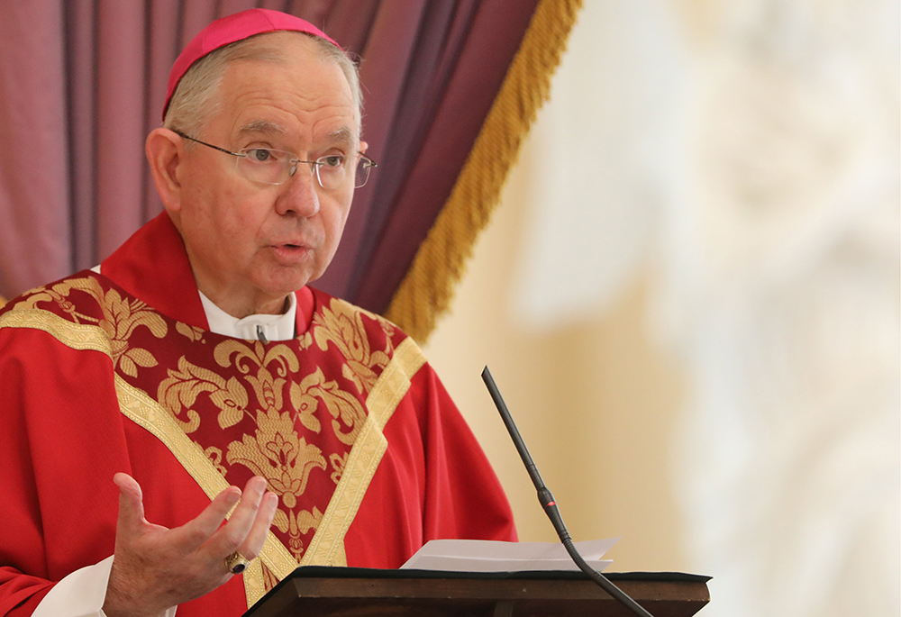 Archbishop José Gomez of Los Angeles, then-president of the U.S. Conference of Catholic Bishops, delivers the homily during Mass at the Basilica of the National Shrine of the Assumption of the Blessed Virgin Mary Nov. 14, 2022, on the first day of the fall general assembly of the U.S. bishops' conference in Baltimore. (CNS/Bob Roller)