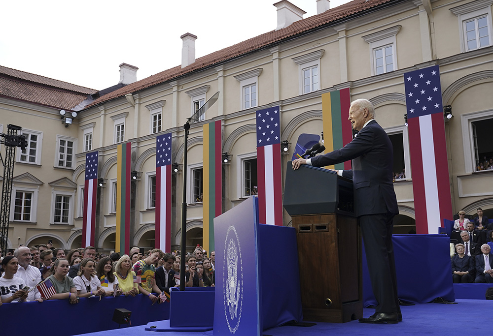 U.S. President Joe Biden speaks at Vilnius University in Vilnius, Lithuania, July 12 after attending the NATO summit. (AP/Susan Walsh)