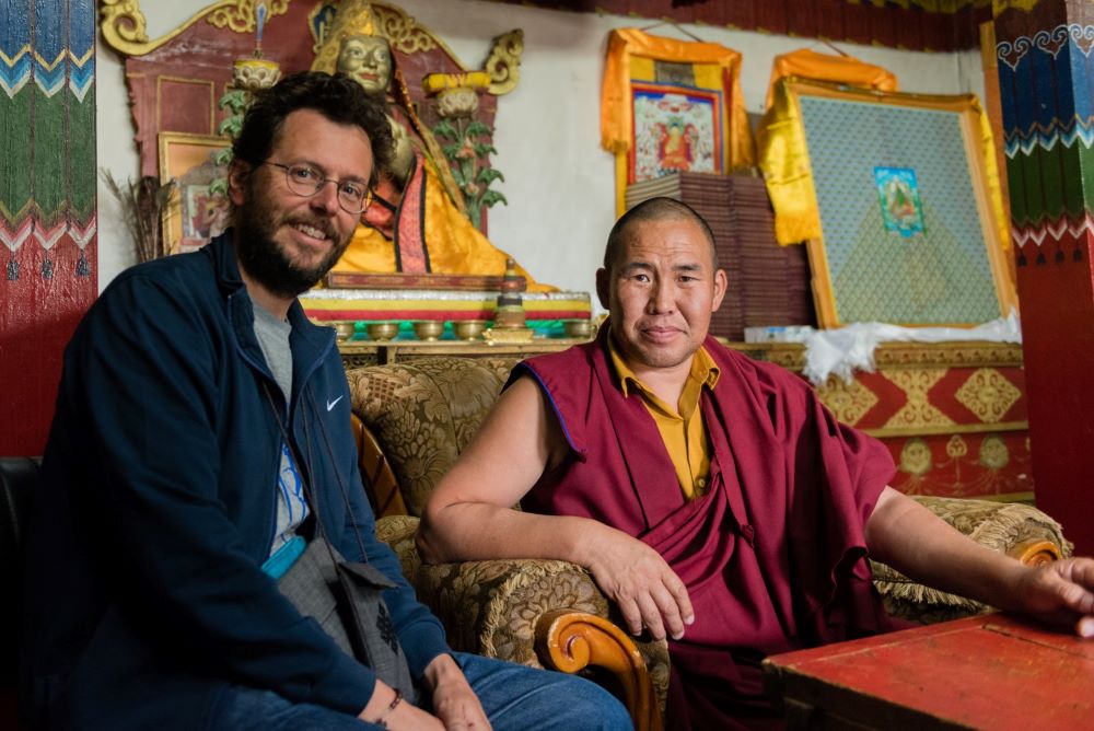 Cardinal Giorgio Marengo, apostolic prefect of Ulaanbaatar, Mongolia, is pictured with a Buddhist leader in July 13, 2018, file photo. More than half the Mongolian population is Buddhist. (CNS/Courtesy AfMC Torino)