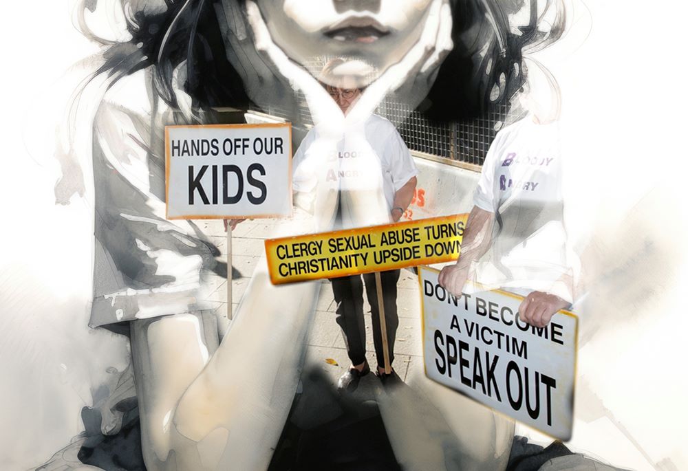 illustration of a girl, face in hands, with protest signs that say "Hands off our kids" and similar slogans.