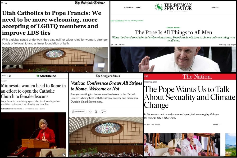 collage of several websites with headlines about the synod on synodality